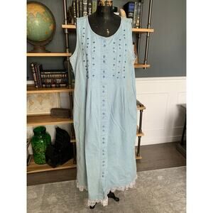 Denim Long Pocket Dress, Northern Treasures, Size XL, 50", Little Flowers, Front